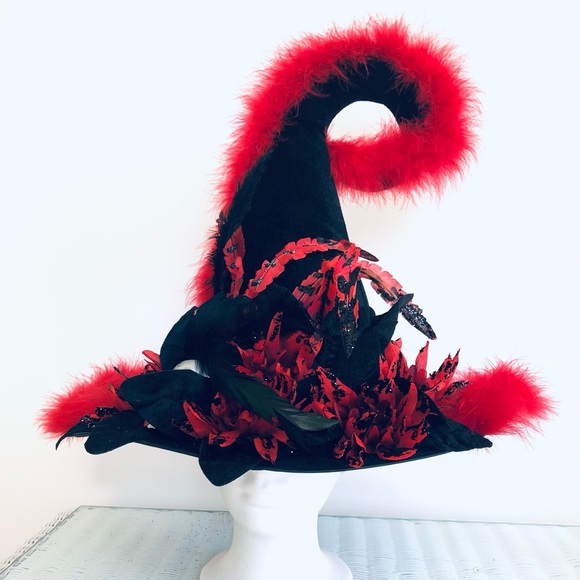 Elf victorian hat Black velvet & ted marabou feather trim Artisan one of - Picture 6 of 16